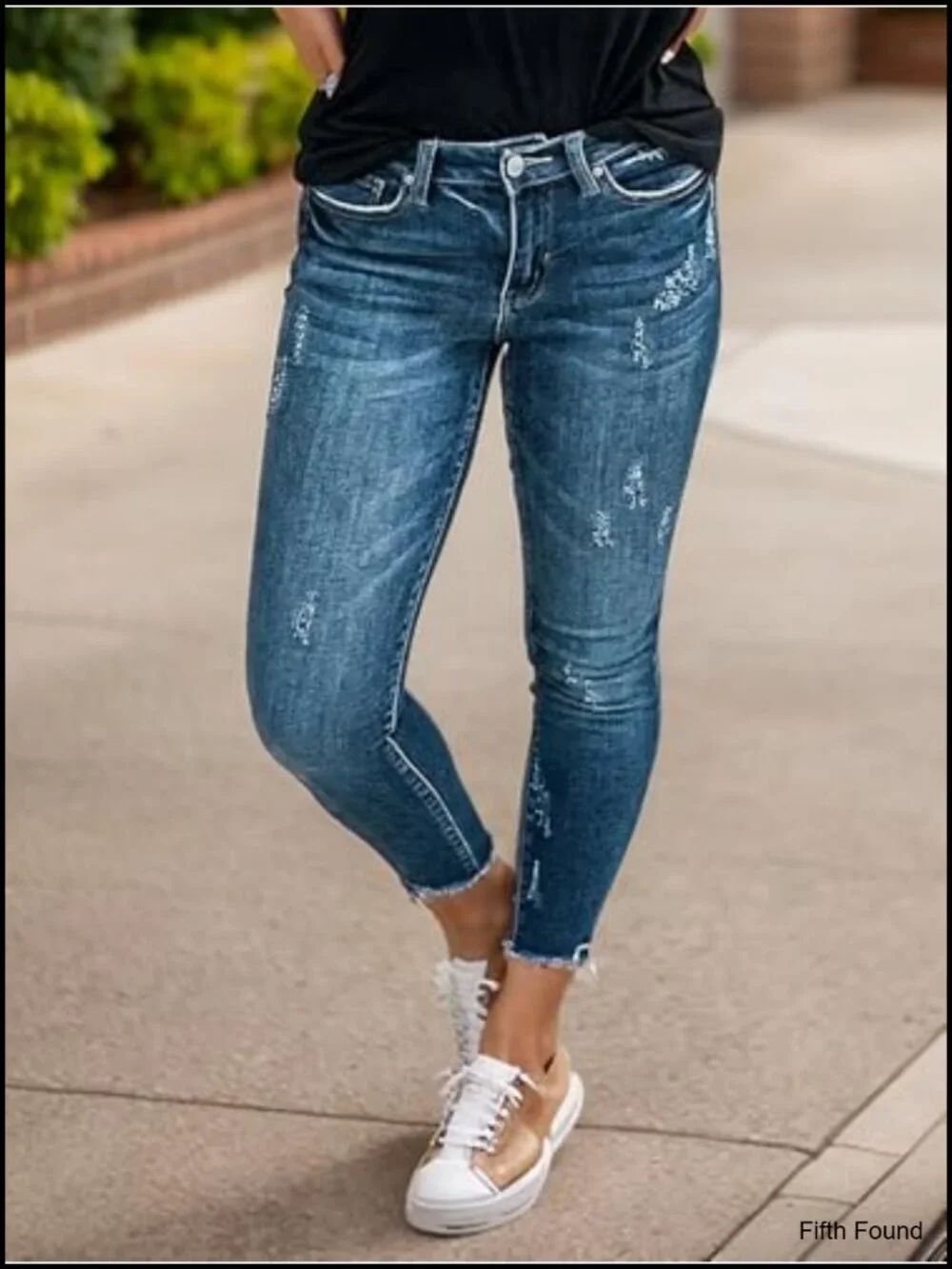 Mid Rise Crop Skinny Jeans Ripped Raw Hem Butt Lifting Denim Pants